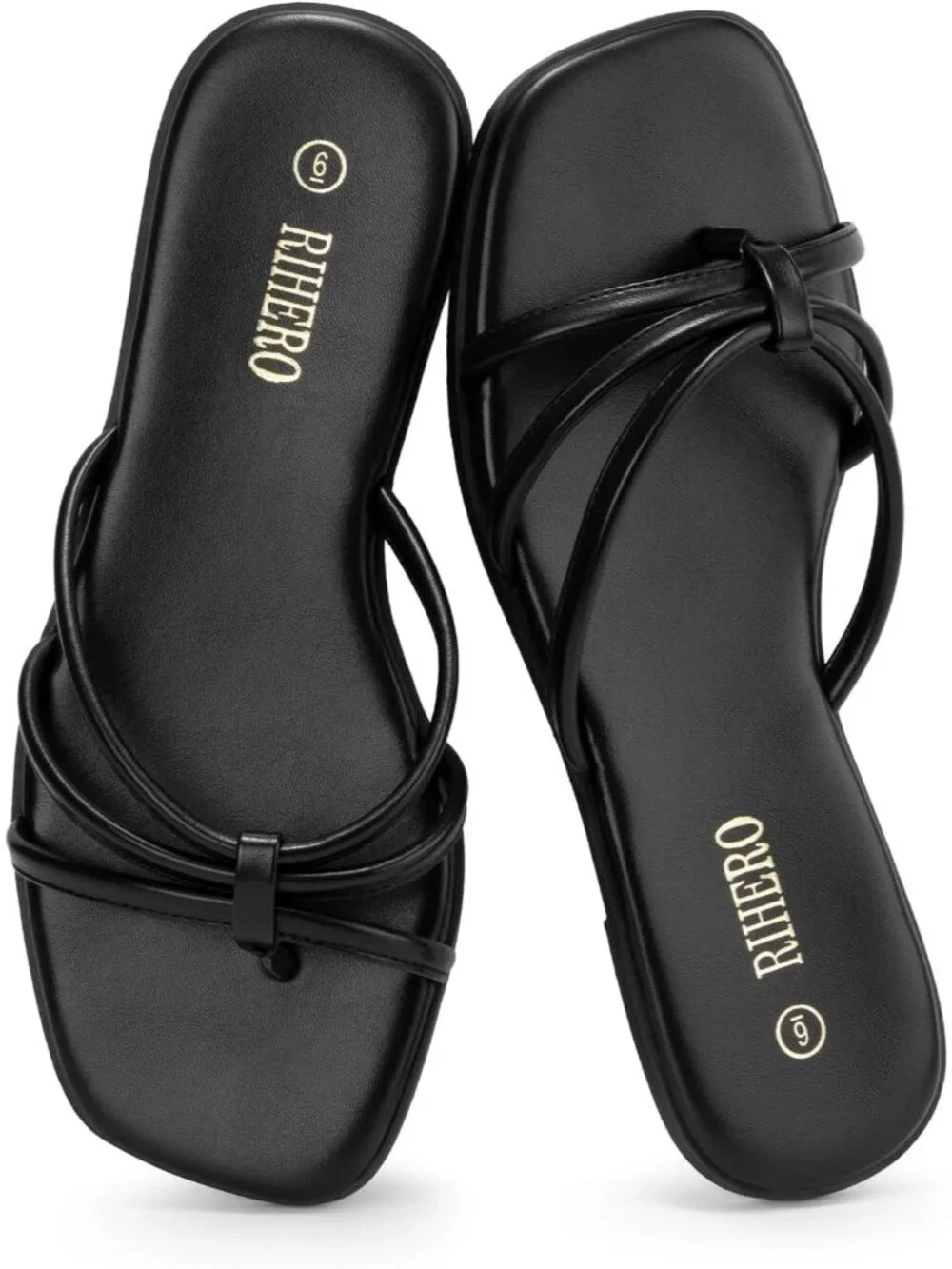 Women's Black Summer Comfortable Slip On Square Toe Flat Sandals For Beach
